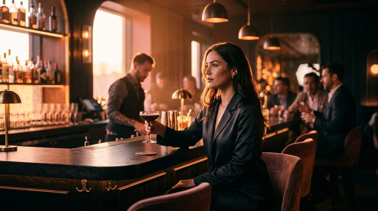 Woman in a dark blazer seated at a bar holding a glass with a dark drink