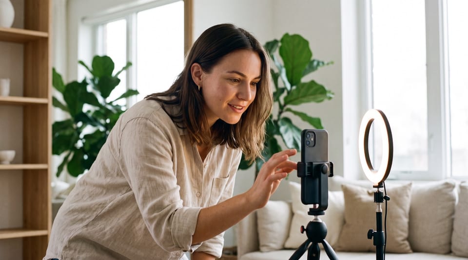 A woman sets up a smartphone on a tripod beside a ring light