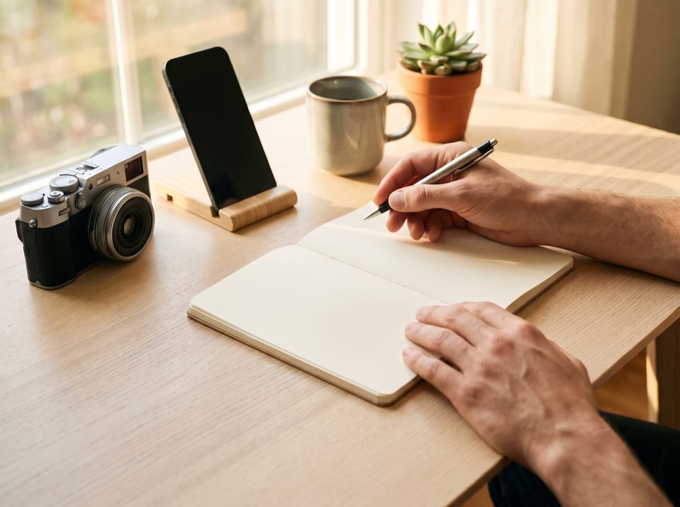 Hands holding a pen over a blank notebook beside a camera and smartphone on a wooden table