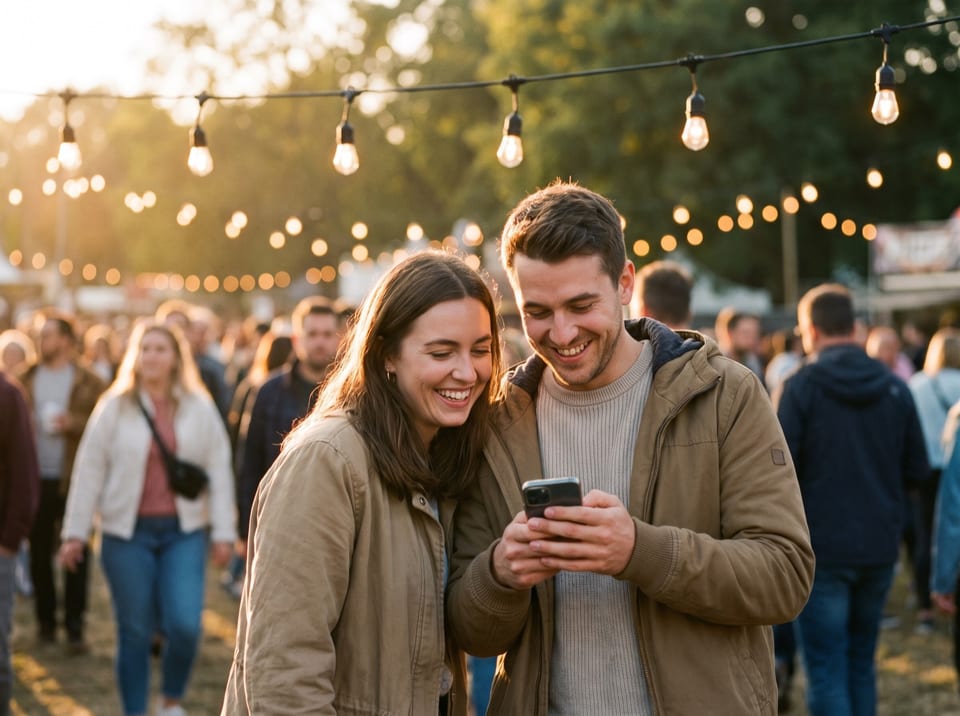 Two adults look at a smartphone under string lights at an outdoor event