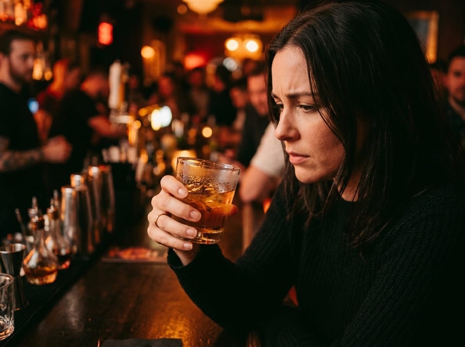 Woman at a busy bar looking closely at the drink in her glass