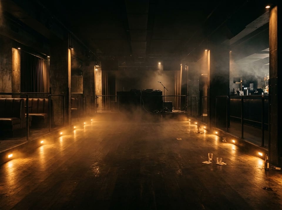Empty club dance floor in haze with a few glasses left on the floor