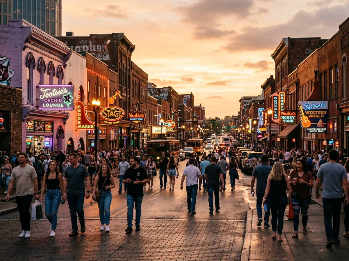 A quiet morning-after view of Nashville’s Broadway, string lights fading as the city resets